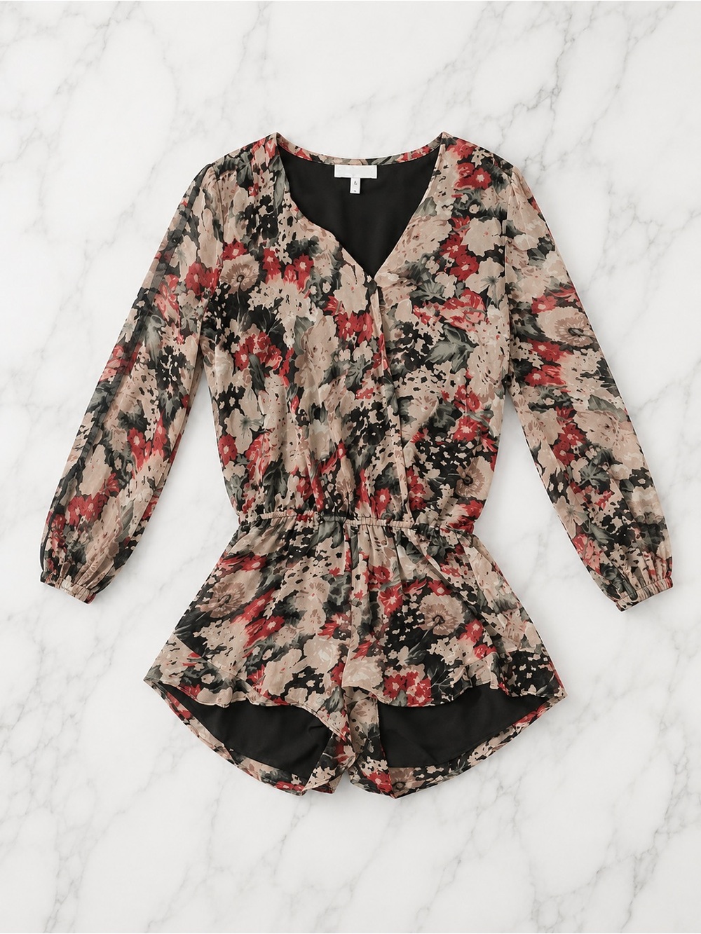 Joie Silk Floral V-Neck Long Sleeve Romper in Pink and Red